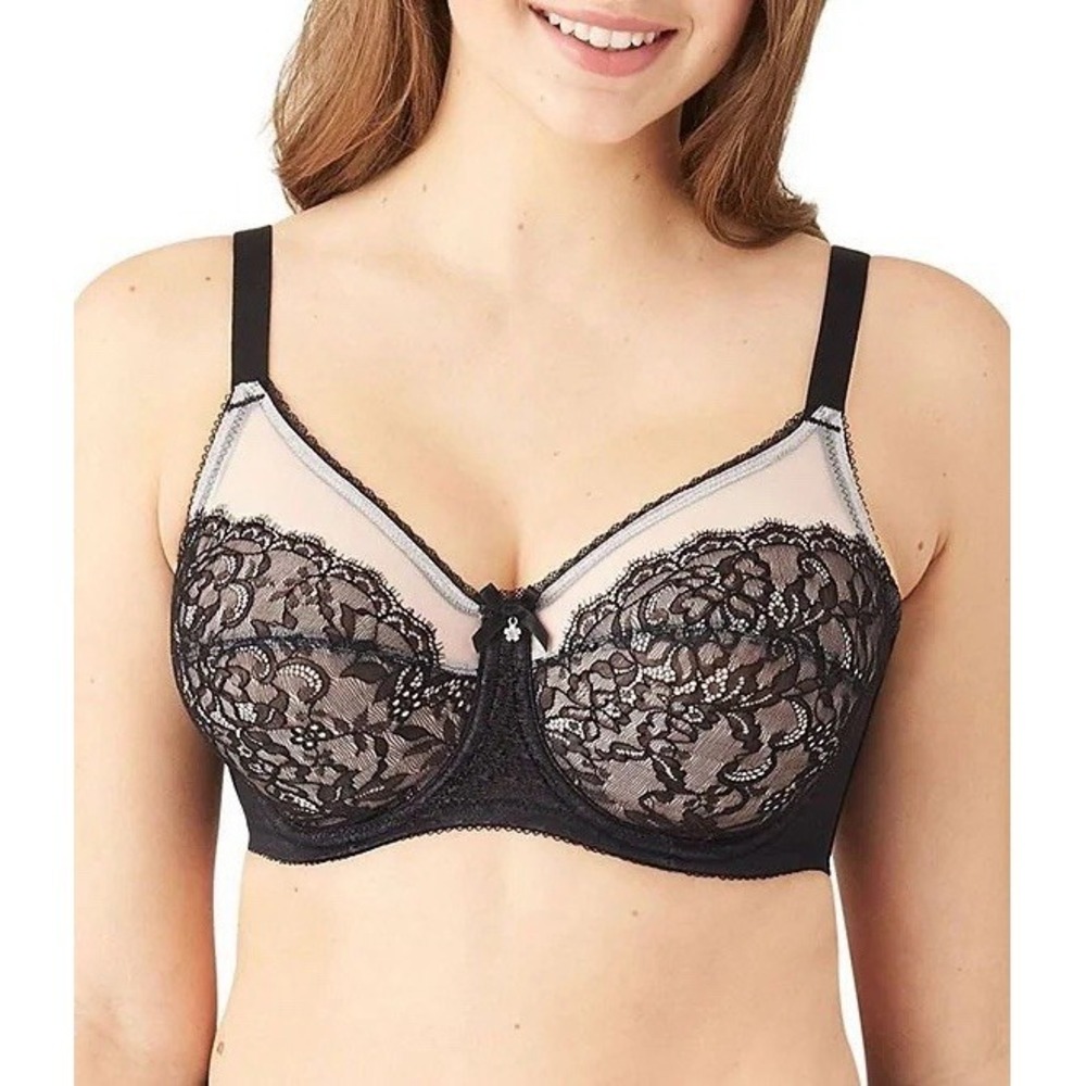 Wacoal Retro Chic Full Figure Underwire bra Black White Lace 32DD Floral 855186